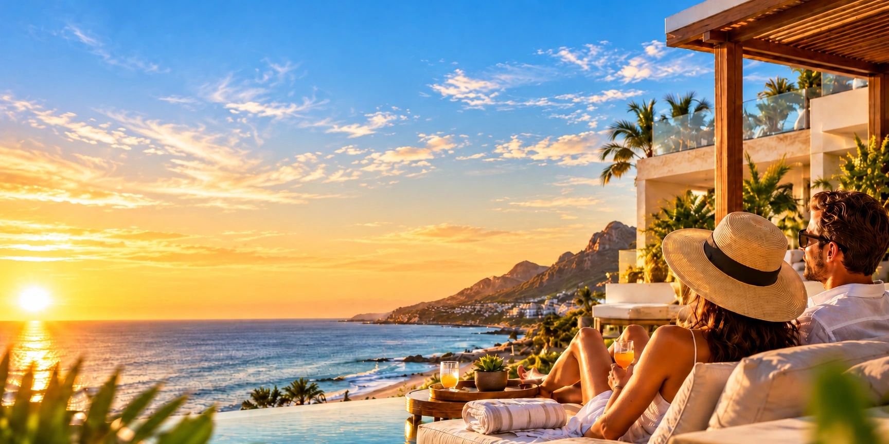 A couple enjoying the coastal view from their accommodation at sunset